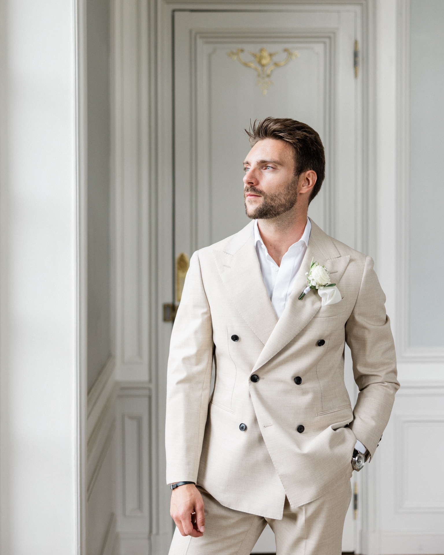 Portrait of the groom during a wedding in France