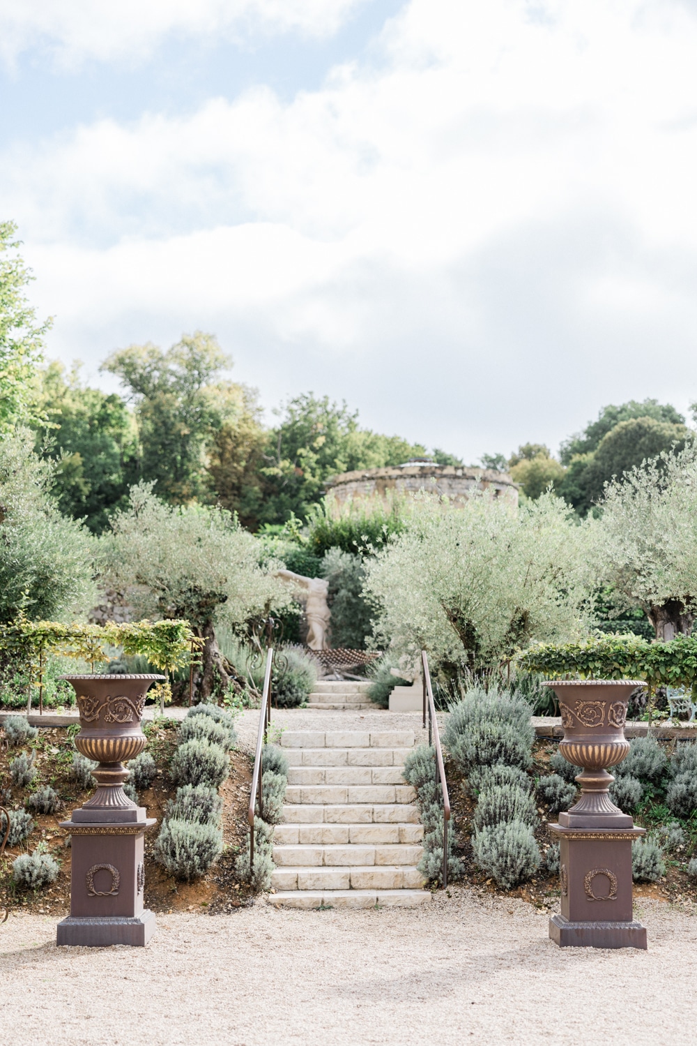 Rose garden at Château de Vallery prepared for a wedding ceremony