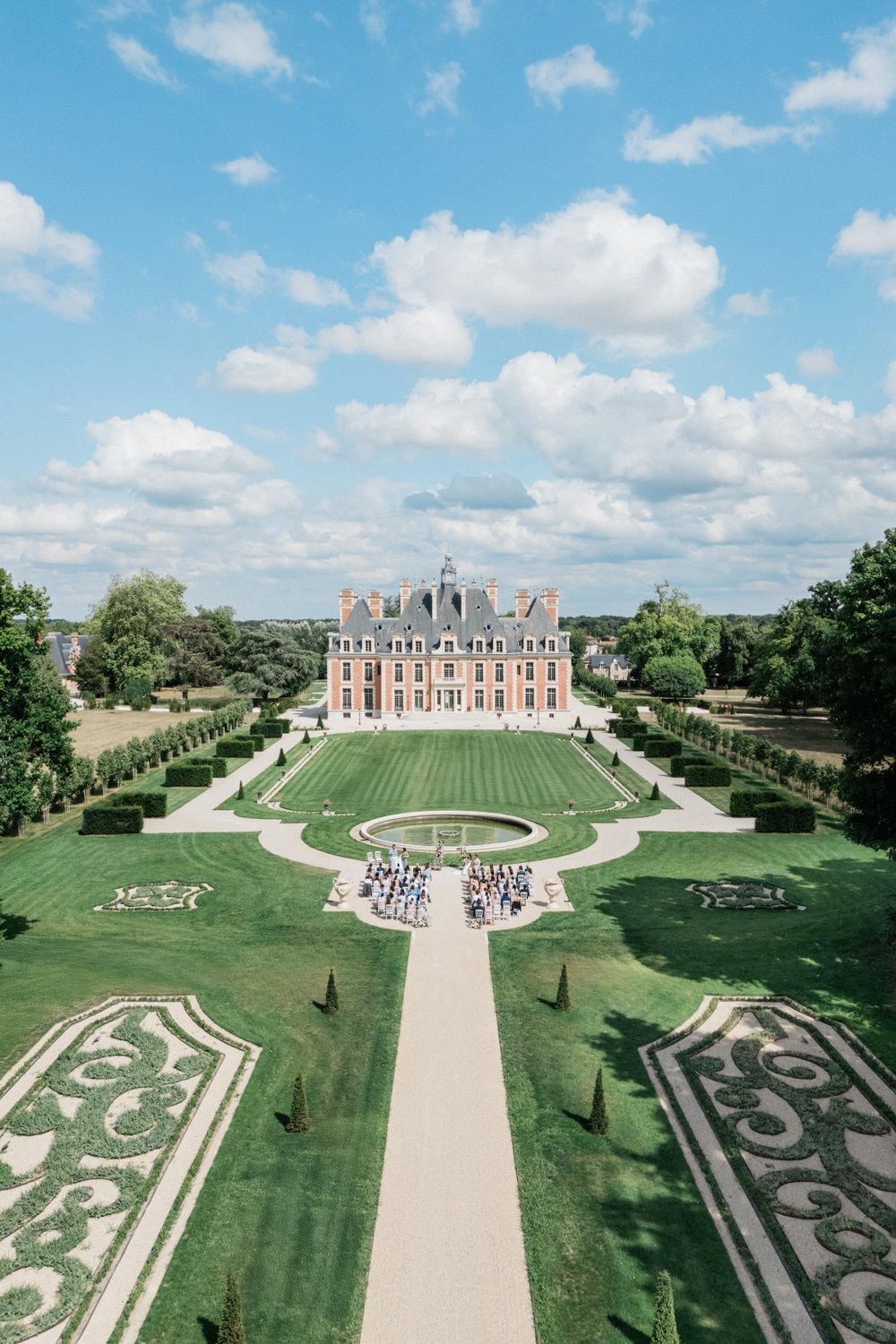 Drone shot of a wedding Chateau Nainville les Roches from the sky