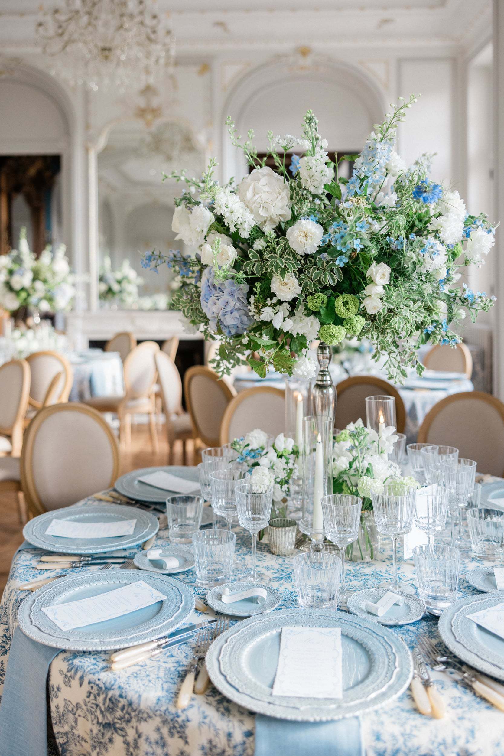 Artfully designed wedding dinner reception at Château de Nainville-les-Roches